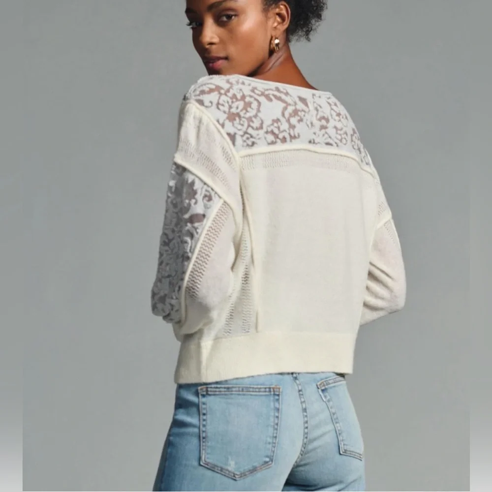 ANTHROPOLOGIE Plus 1X Ivory Pewter Balloon Sleeve Wool Blend Boho Lace Sweater - Picture 5 of 16
